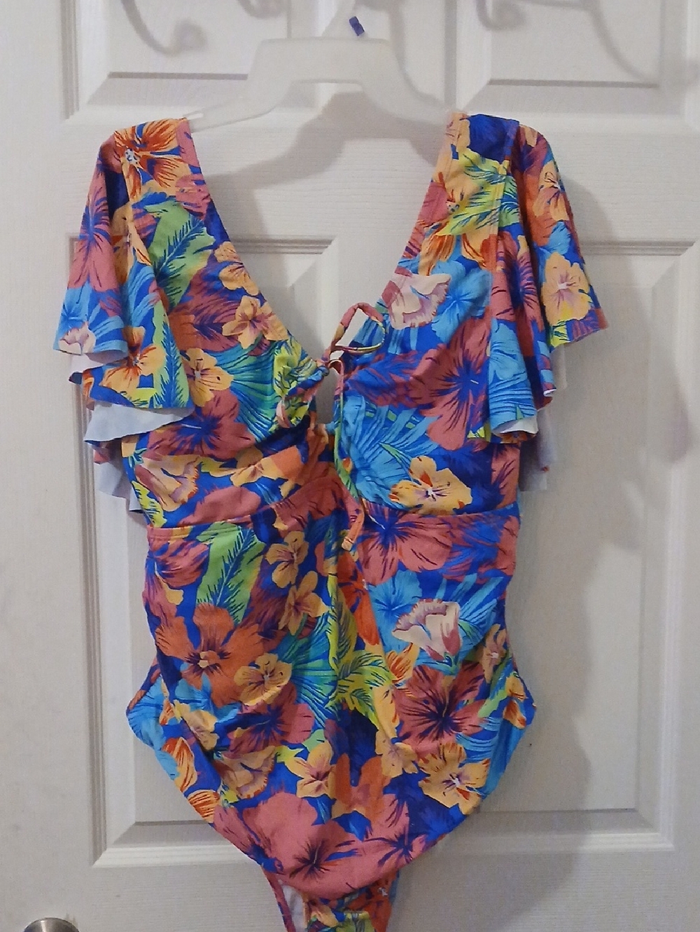 SHEIN Tropical Floral Ruffle One-Piece Swimsuit - Blue, Orange, Yellow